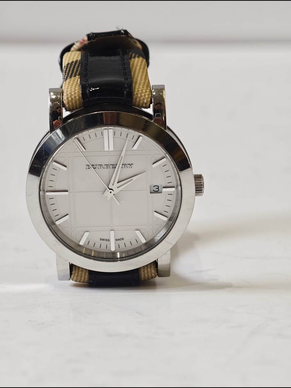 Burberry BU1388  White Dial Watch with Beige & Black Plaid Strap